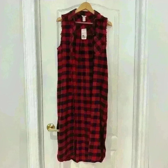 Forever 21 New Never Worn Woman’s No  Sleeve Plaid Red & Black Jacket Loose Fit - Picture 1 of 7